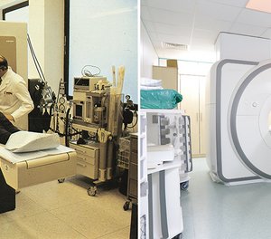 Foto links: 1977 sorgte am „Stilling“ der bundesweit erste Ganzkörper-Computertomograph außerhalb einer Uni-Klinik für Aufsehen. Foto rechts: Auch heute kommen in der Radiologie im Diakonie Jung-Stilling modernste Geräte zum Einsatz, so wie dieser Magnetresonanztomograph.